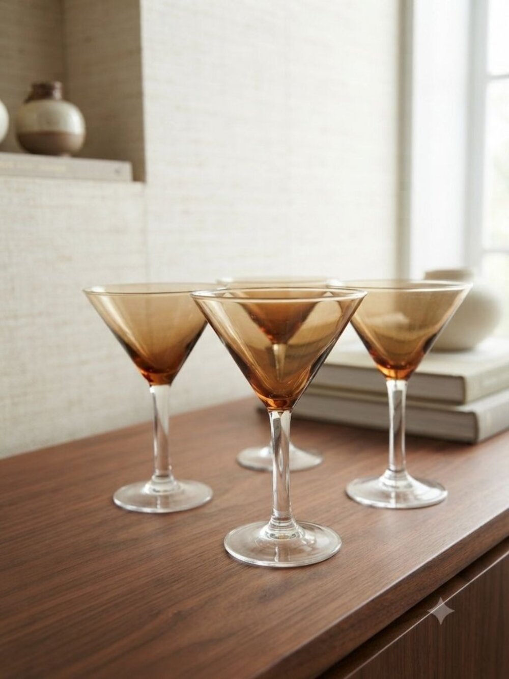 Pier 1 Amber Glass Conical Martini Glasses Clear Stem Hand Blown Set of 4